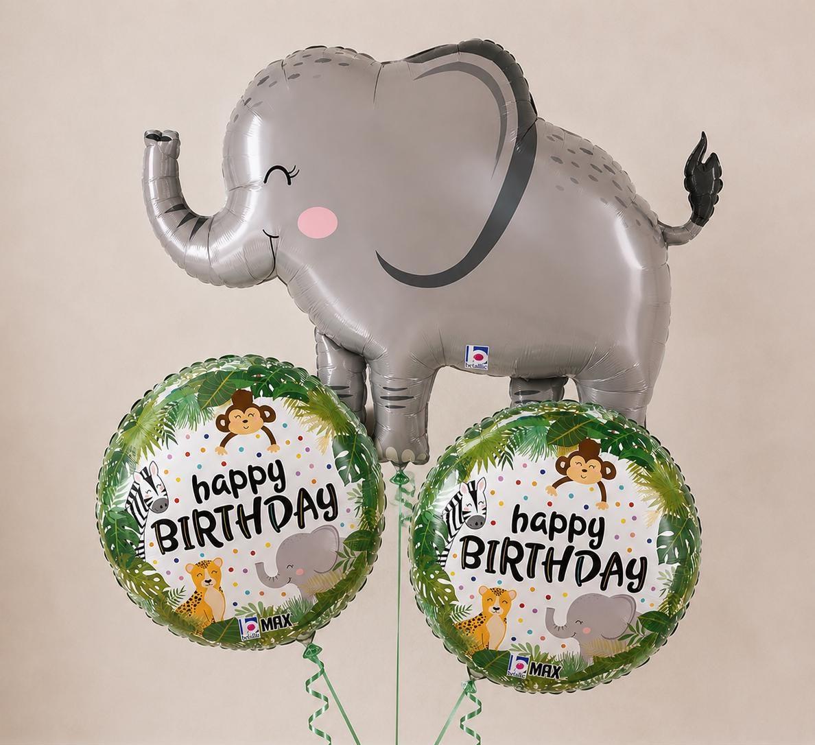 Elephant Birthday Balloon Bouquet, Safari Jungle Birthday Balloons, Happy Birthday Balloon Bundle, Animal Party Decorations