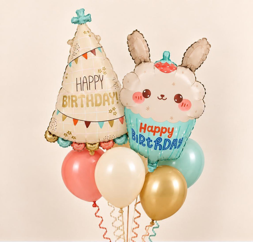 Cute Birthday Balloon Bouquet, Bunny Cupcake & Party Hat Balloons, Pastel Birthday Balloons, Kids Birthday Party Decor