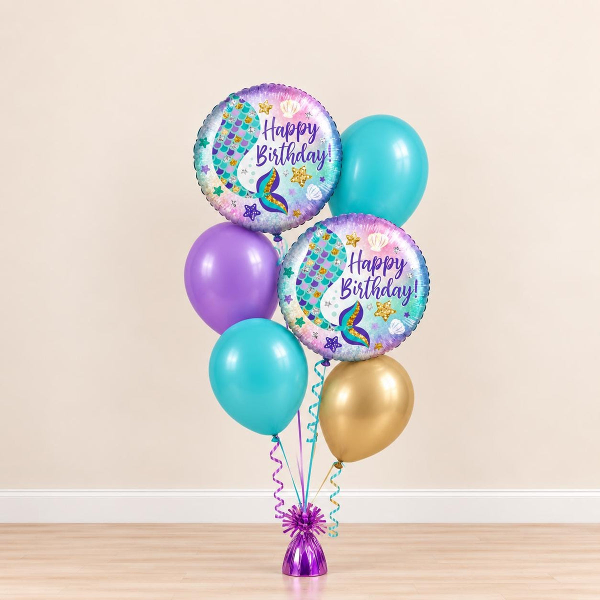 Mermaid Birthday Balloon Bundle, Under the Sea Party Decorations, Purple Turquoise Gold Happy Birthday Balloons, Mermaid Party Decor