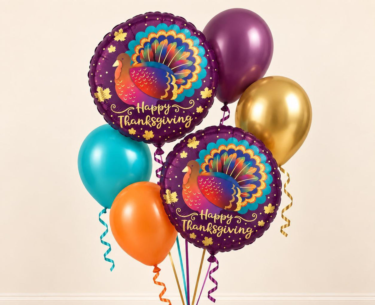 Happy Thanksgiving Balloon Bundle, Colorful Turkey Balloons, Purple Teal Orange Gold Fall Party Decorations, Friendsgiving Decor