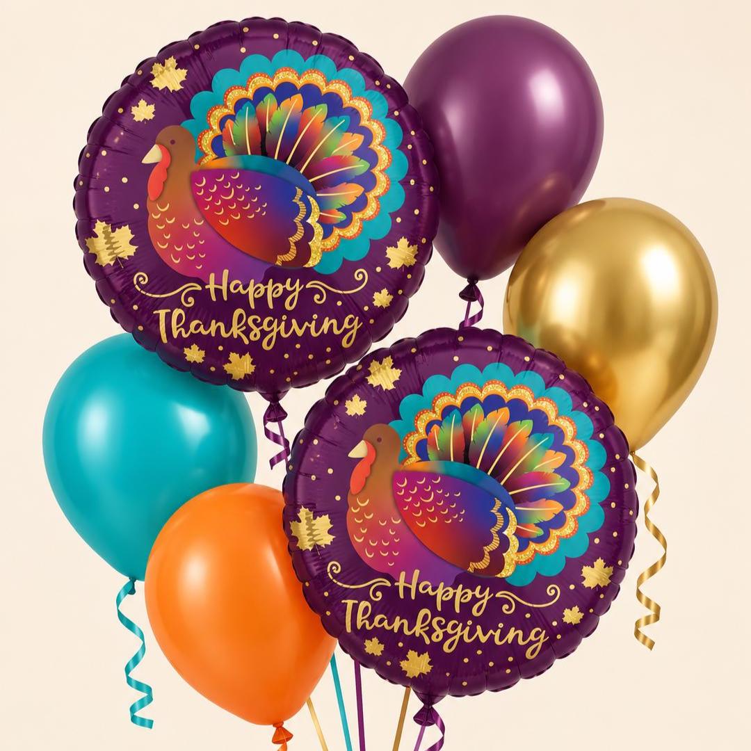 Happy Thanksgiving Balloon Bundle, Colorful Turkey Balloons, Purple Teal Orange Gold Fall Party Decorations, Friendsgiving Decor