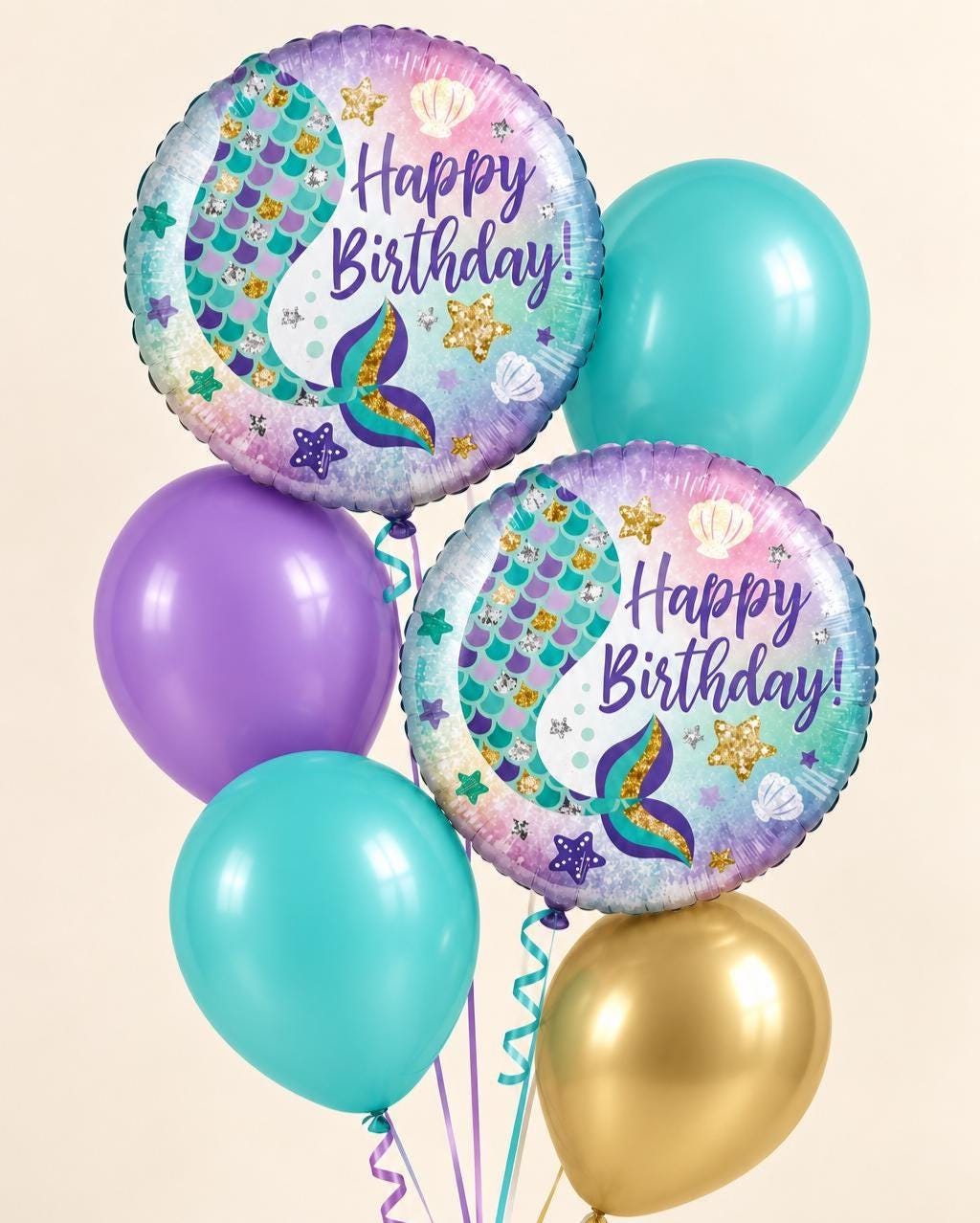 Mermaid Birthday Balloon Bundle, Under the Sea Party Decorations, Purple Turquoise Gold Happy Birthday Balloons, Mermaid Party Decor