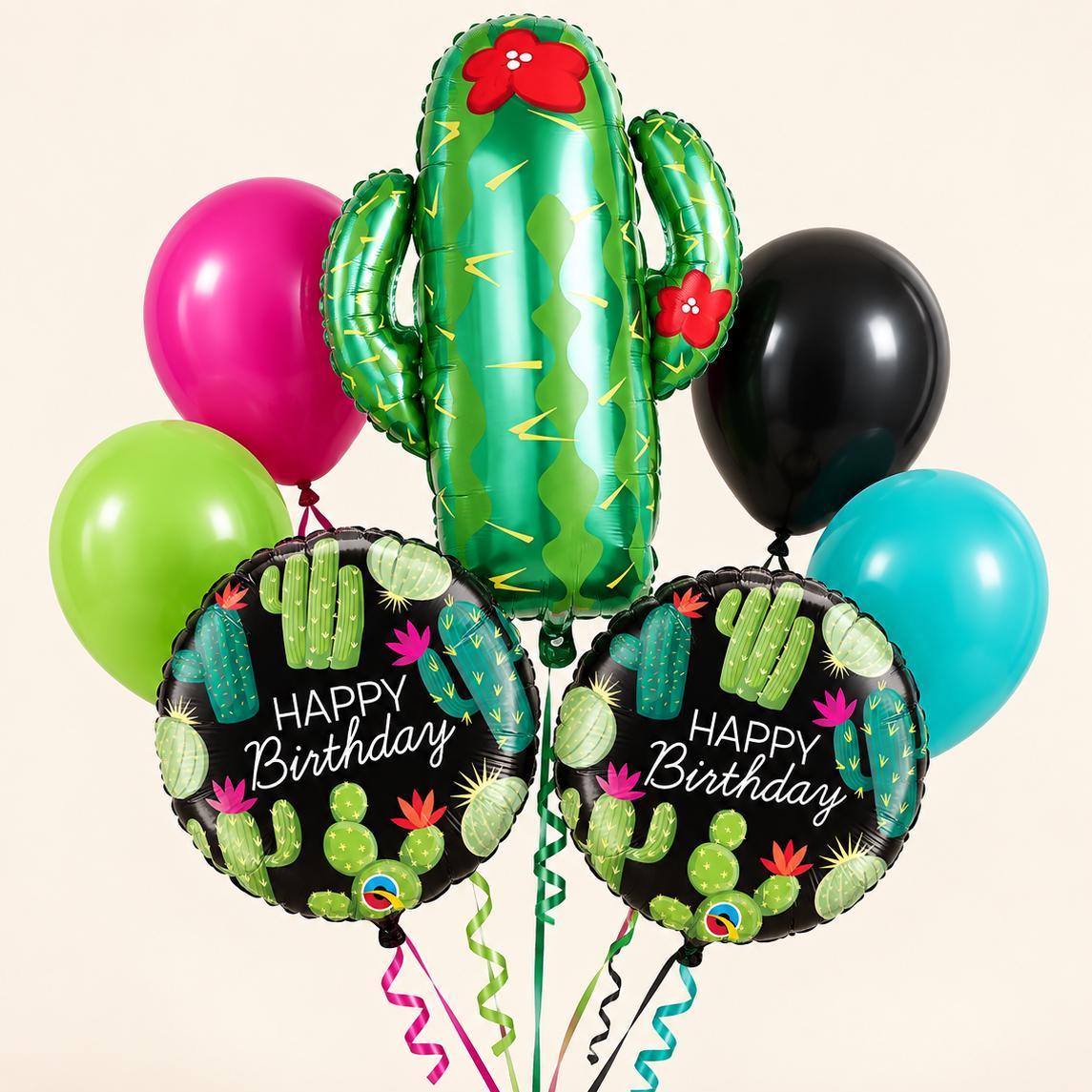 Cactus Birthday Balloon Bundle, Black Happy Birthday Balloons, Colorful Fiesta Party Decorations, Pink Green Turquoise Bouquet