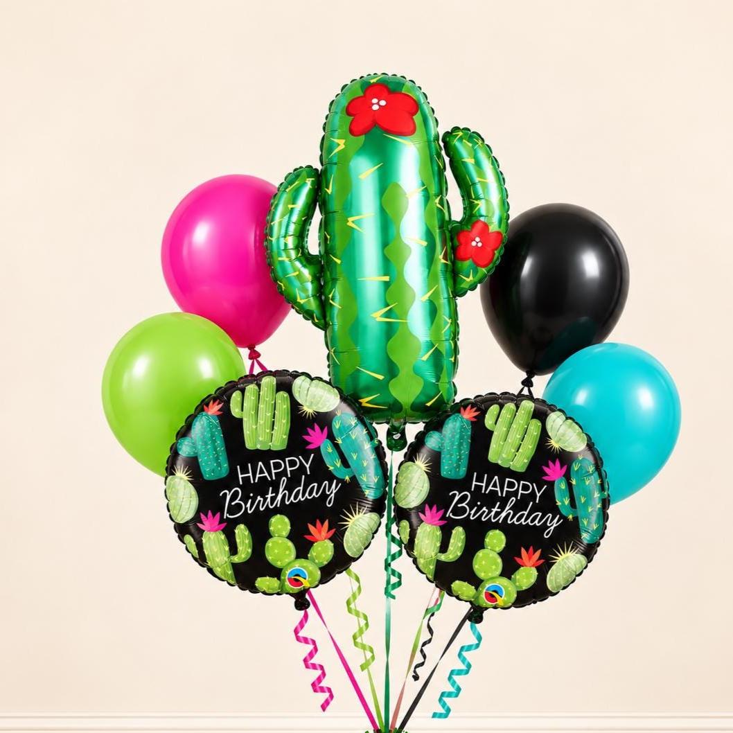 Cactus Birthday Balloon Bundle, Black Happy Birthday Balloons, Colorful Fiesta Party Decorations, Pink Green Turquoise Bouquet
