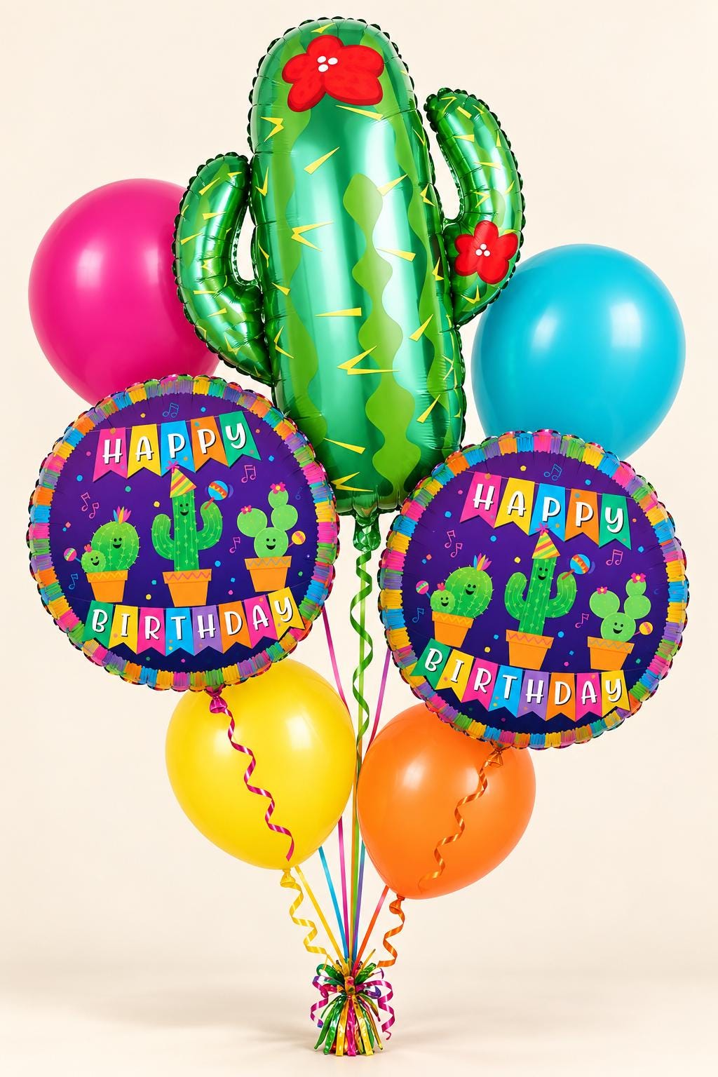 Fiesta Cactus Balloon Bundle, Mexican Birthday Party Decorations, Colorful Happy Birthday Balloons, Cinco de Mayo Party Decor