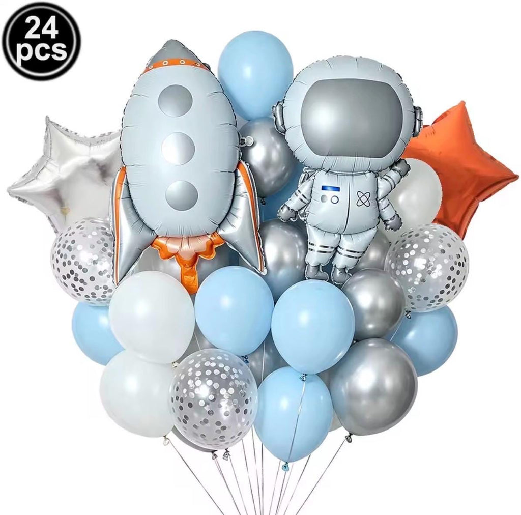Space Birthday Balloon Bundle, Astronaut and Rocket Balloons, Outer Space Party Decorations, Blue Silver 24 Piece Balloon Set