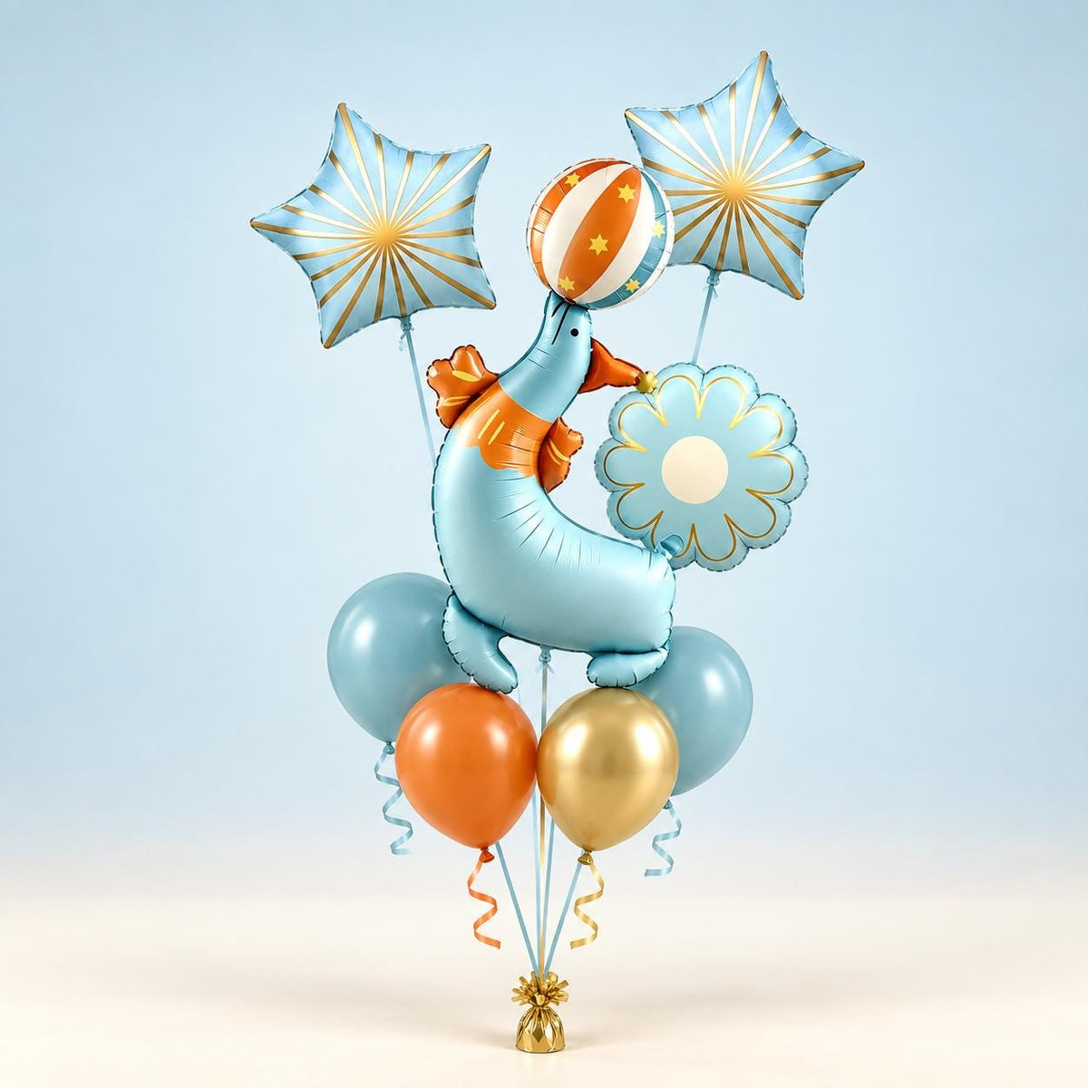 Circus Seal Balloon Bouquet, Blue Orange Gold Birthday Balloons, Carnival Party Decorations, First Birthday Baby Shower Decor