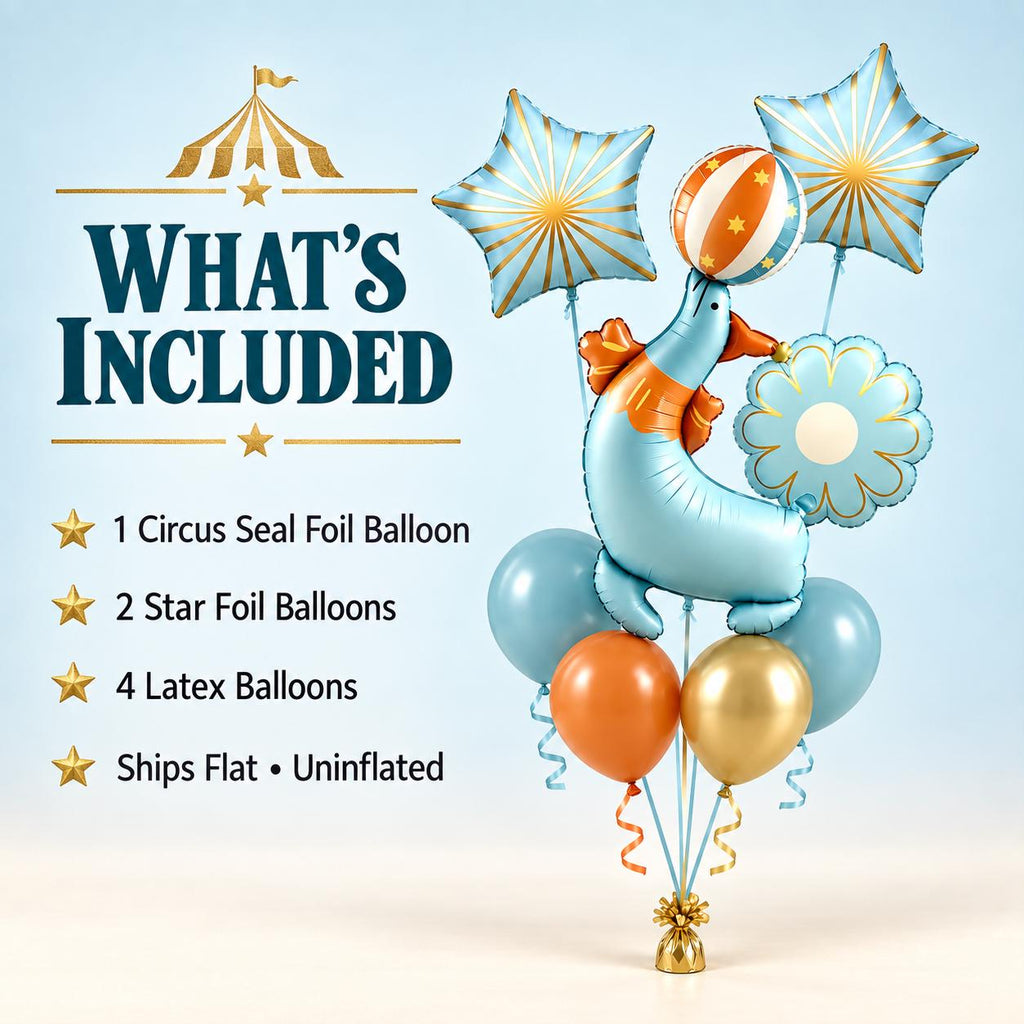 Circus Seal Balloon Bouquet, Blue Orange Gold Birthday Balloons, Carnival Party Decorations, First Birthday Baby Shower Decor