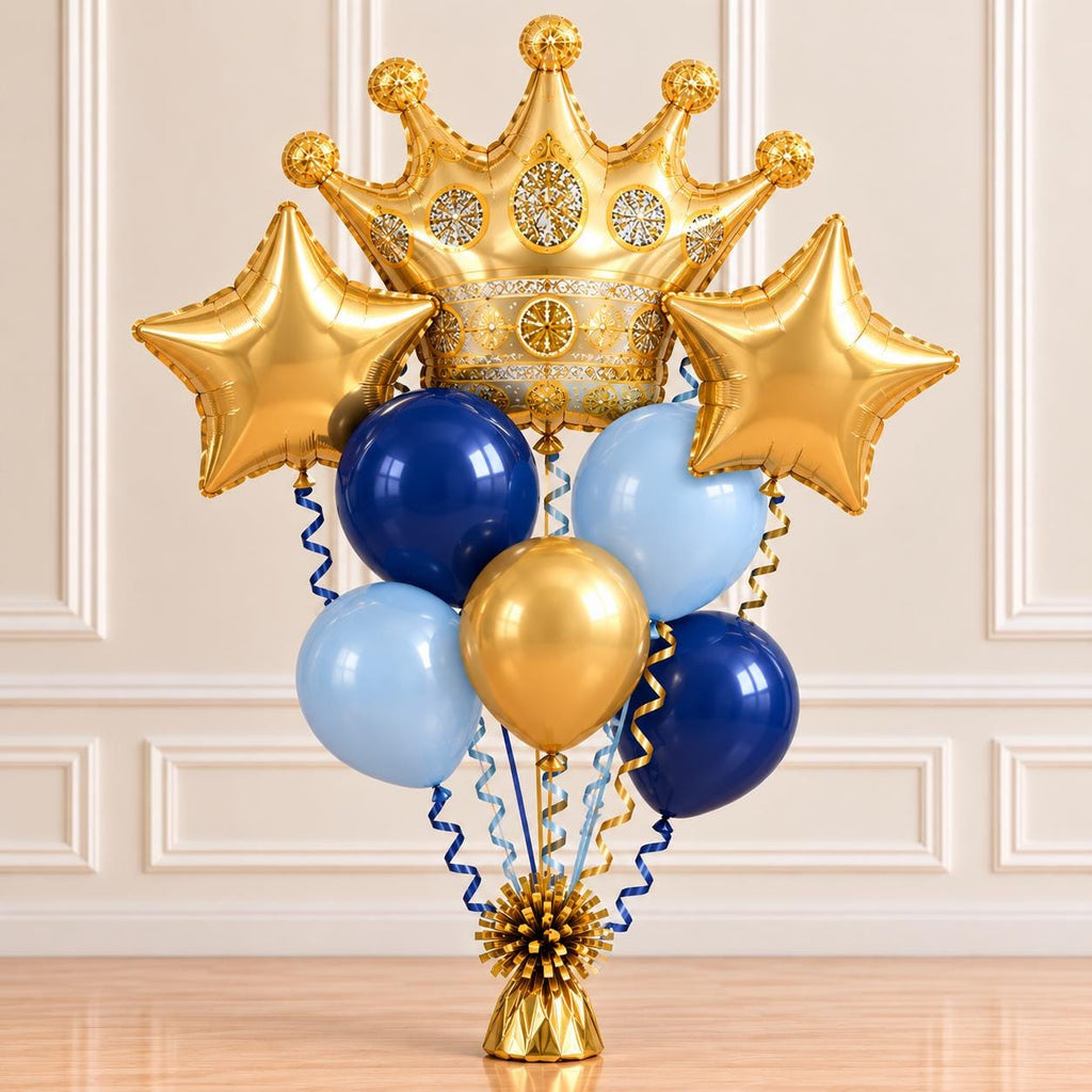Royal Crown Balloon Bouquet, Blue Gold Birthday Balloons, Prince Birthday Party Decor, Crown Star Balloon Set