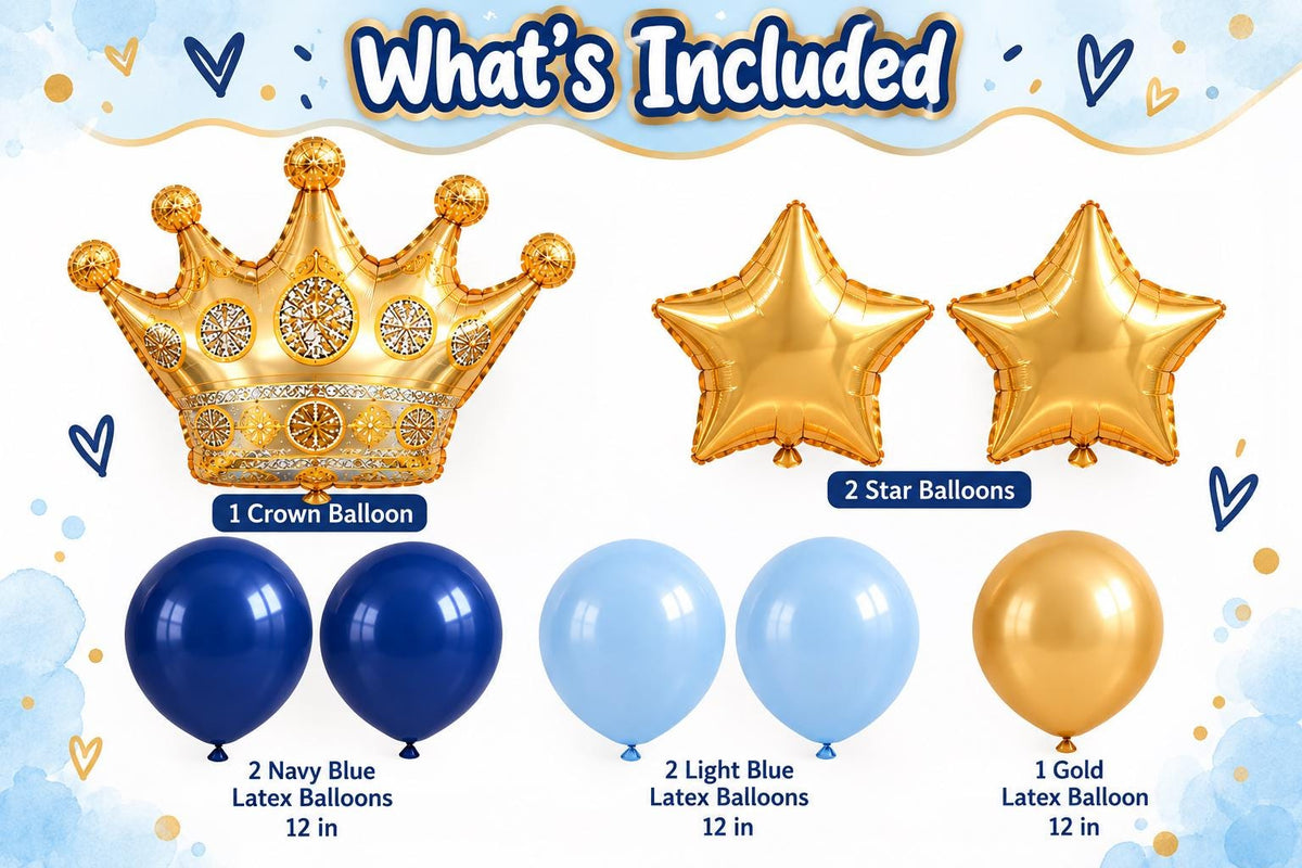 Royal Crown Balloon Bouquet, Blue Gold Birthday Balloons, Prince Birthday Party Decor, Crown Star Balloon Set