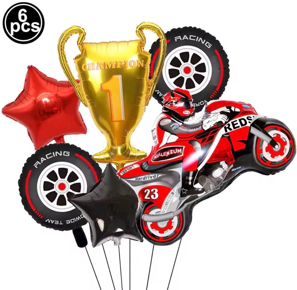 Racing Balloon Bouquet, Motorcycle Party Balloons, Race Theme Decoration Set, Kids Birthday Balloons, Checkered Flag Balloon Red and Black