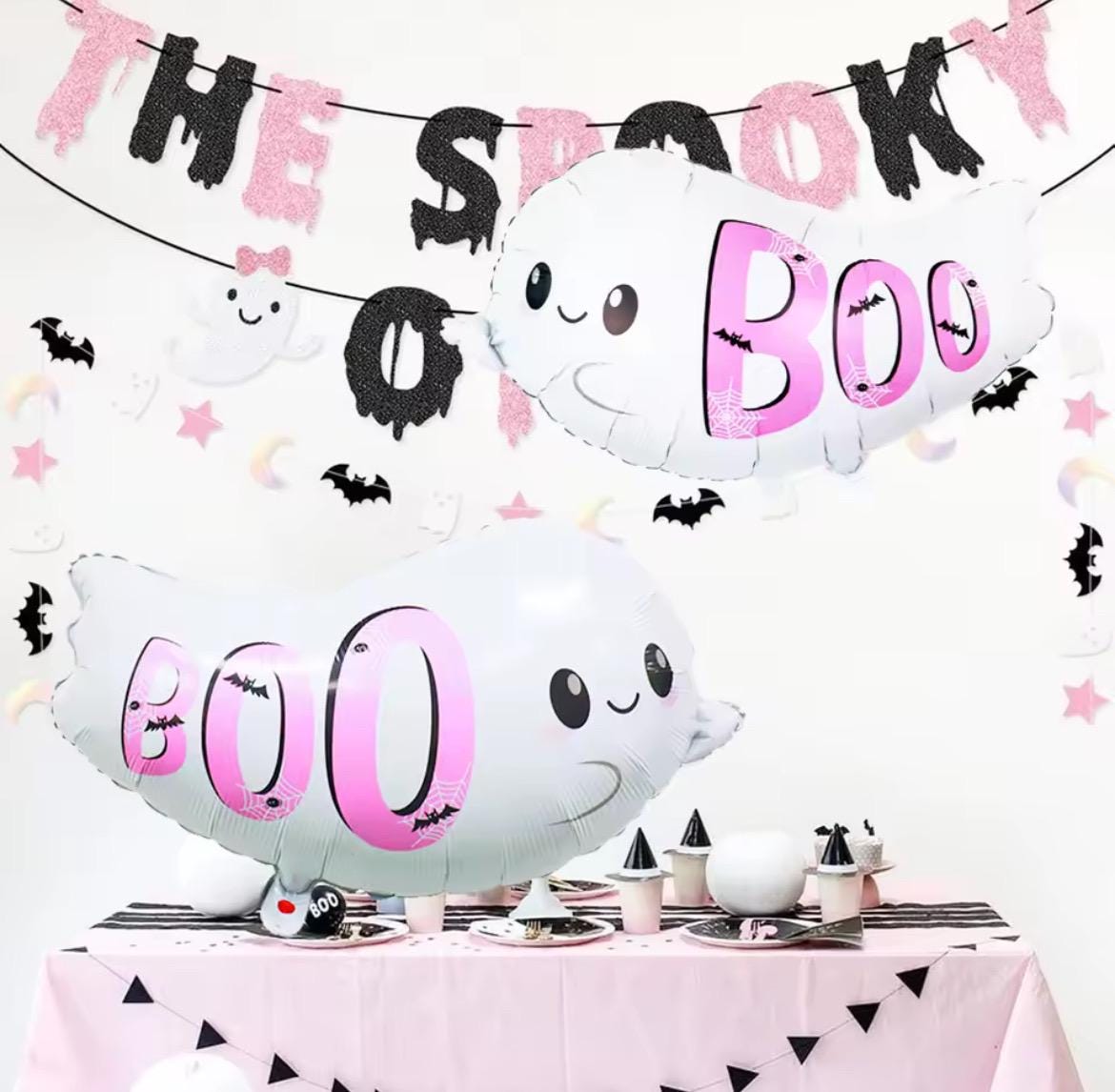 Pink Ghost BOO Balloons (2pcs) – Halloween Party Decorations