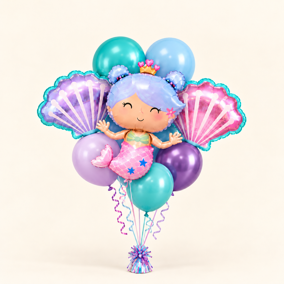 Mermaid balloon bouquet with lavender-haired princess, pink and purple seashells with turquoise borders, and five turquoise blue lavender and purple latex balloons